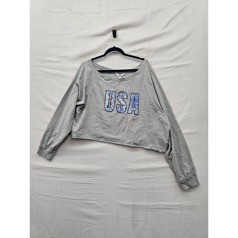 JoyLab Womens USA Graphic Cropped Long Sleeve Top Gray Cotton Blend Size XXL
